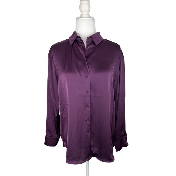 And Now This Button Down Purple Satin Long Sleeve Top - Picture 1 of 7